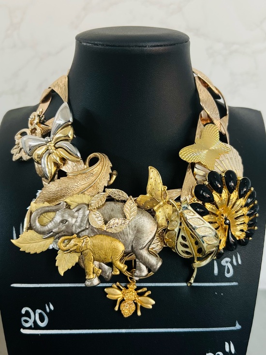 Hand Crafted Jewelry - Upcycled Vintage Brooch Necklace "Earth Treasures" 16in